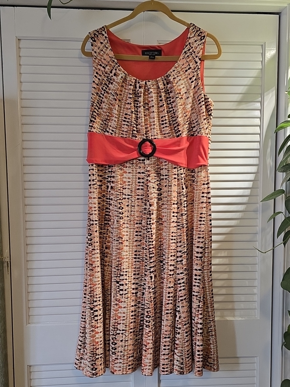 Perceptions Coral-Belted Printed Sleeveless Midi Dress